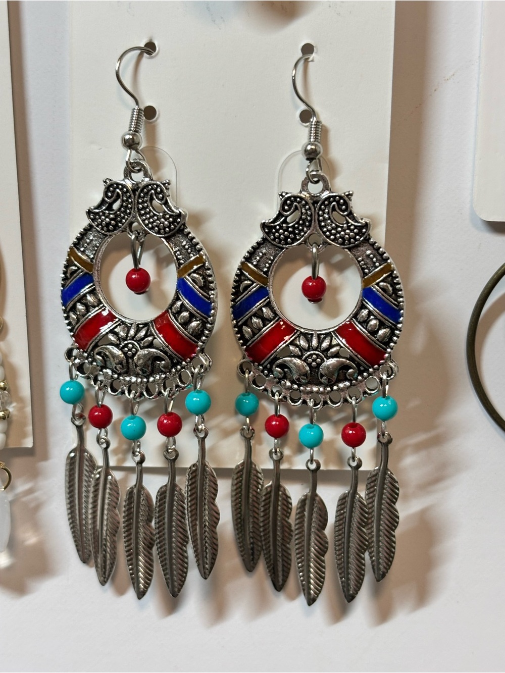 Bohemian Silver-Tone Dangle Earrings with Red & Turquoise Beads
